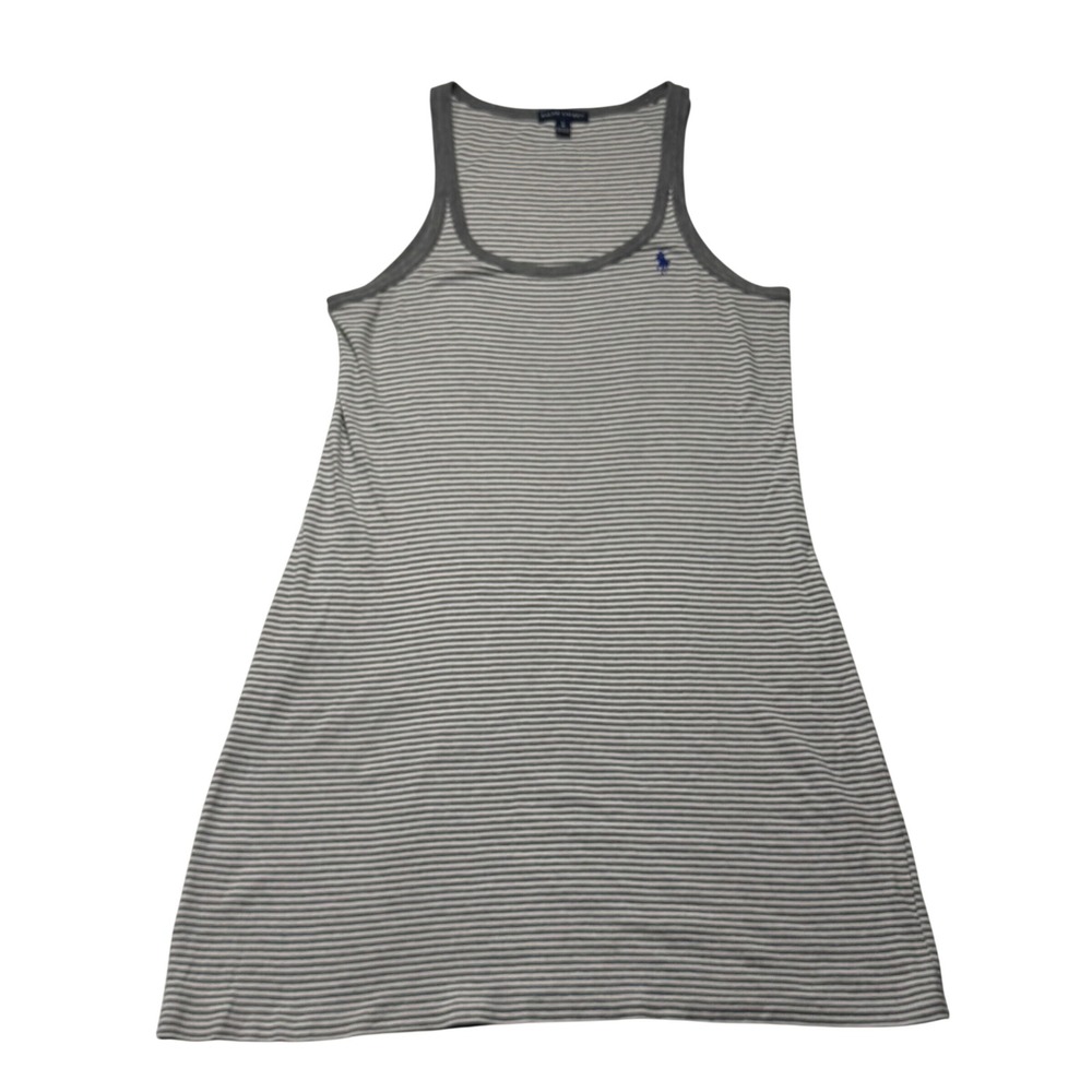 Ralph Lauren Womens L Ribbed Tank Dress Grey White Striped Pony Logo Racerback